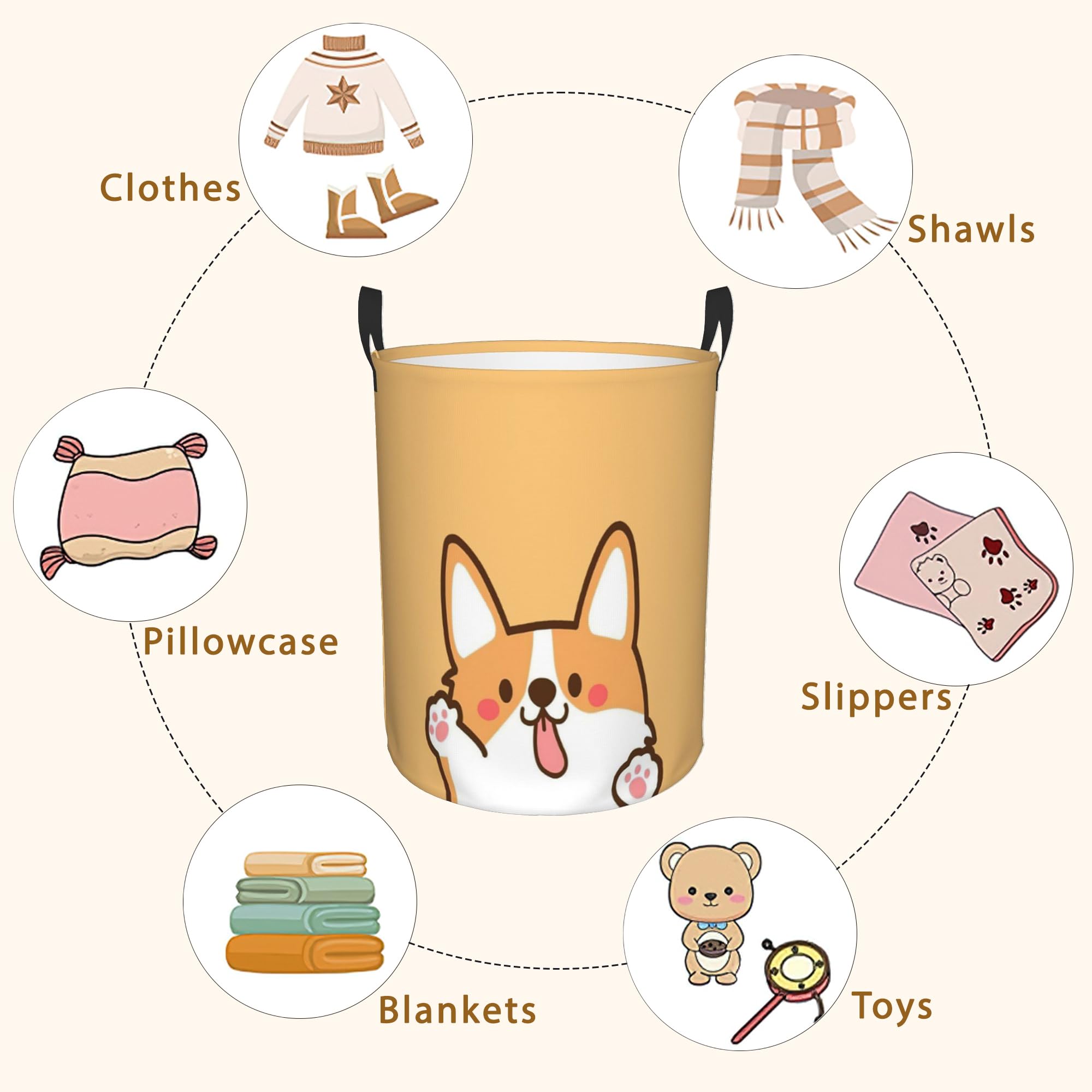 Funny Corgi Puppy Dog Laundry Basket,Waterproof Foldable Laundry Hamper,Dirty Clothes Laundry Basket, Linen Bin Storage Organizer for Toy Collection 16" x 20"