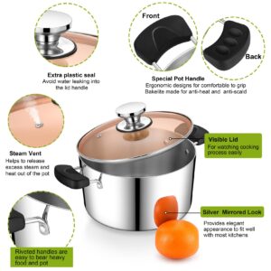 5 Qt Stainless Steel Pot with Lid, P&P CHEF 3-Ply Stock Pot for Cooking Pasta & Stewing Soup, Fits Multi Stoves, Heat-proof Handle & Clear Lid, Heavy Duty & Dishwasher Safe