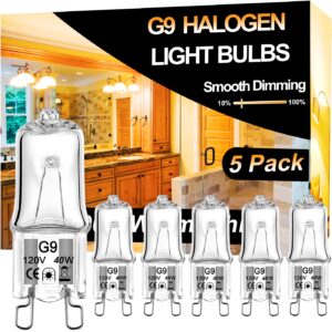 vannise g9 40w bulb-5 pack long lasting jcd g9 120v 40w, halogen bulbs 2 pin g9 dimmable with 2800k warm white, high output g9 bulb with g9 base, g9 light bulb 40w for chandelier,range hood light