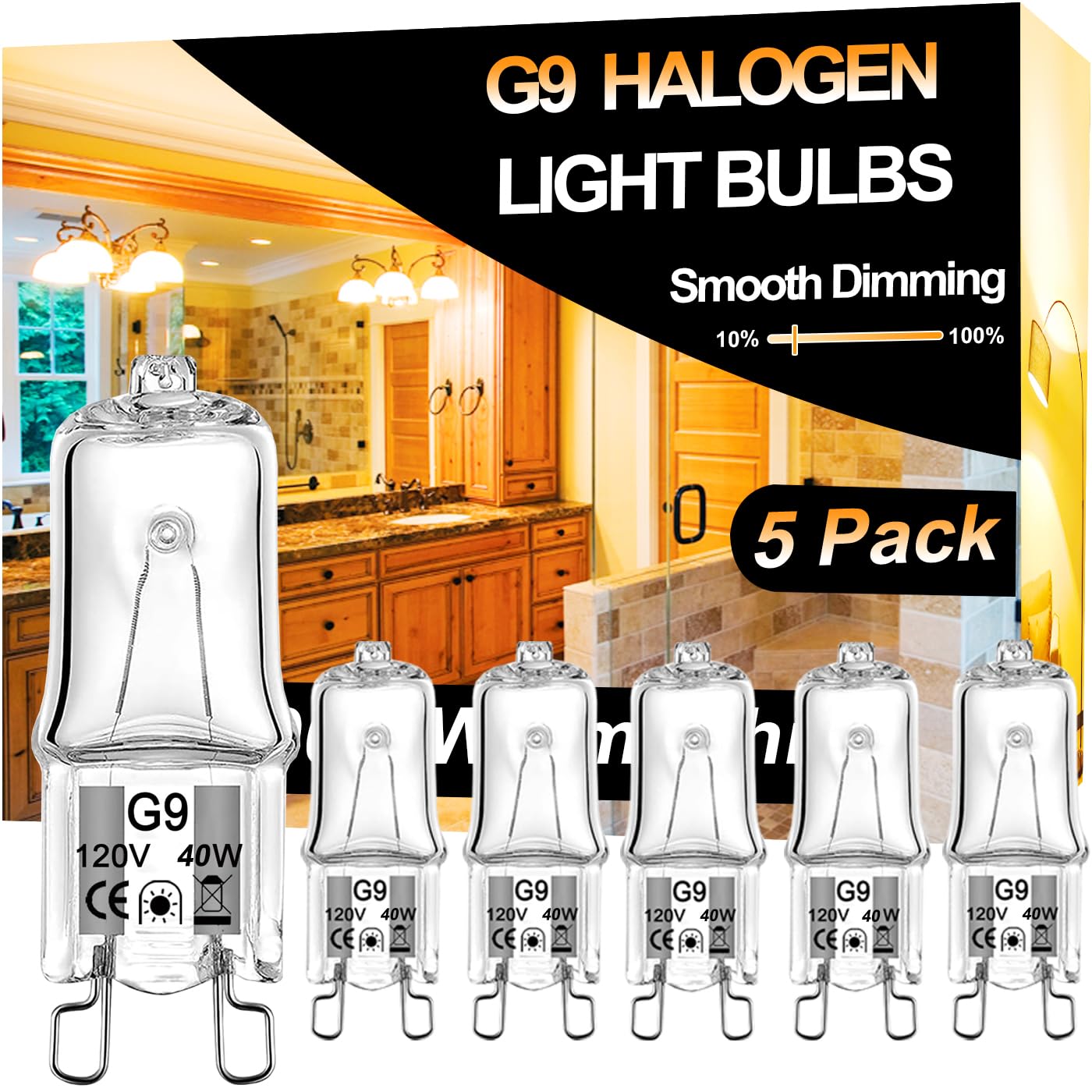 Vannise G9 40W Bulb-5 Pack Long Lasting JCD G9 120V 40W, Halogen Bulbs 2 Pin G9 Dimmable with 2800K Warm White, High Output G9 Bulb with G9 Base, G9 Light Bulb 40W for Chandelier,Range Hood Light