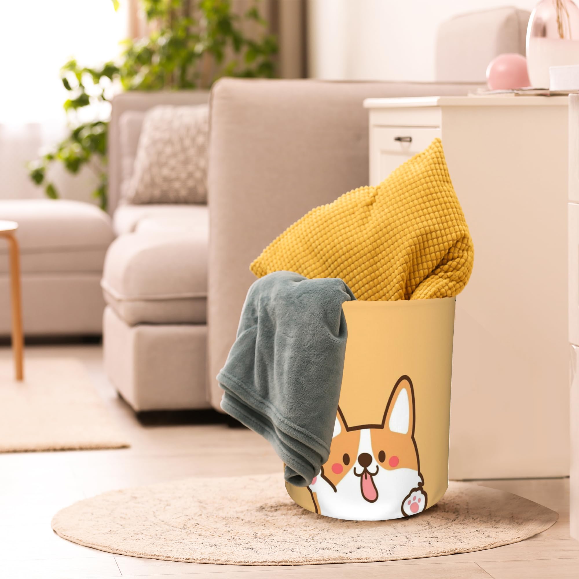 Funny Corgi Puppy Dog Laundry Basket,Waterproof Foldable Laundry Hamper,Dirty Clothes Laundry Basket, Linen Bin Storage Organizer for Toy Collection 16" x 20"