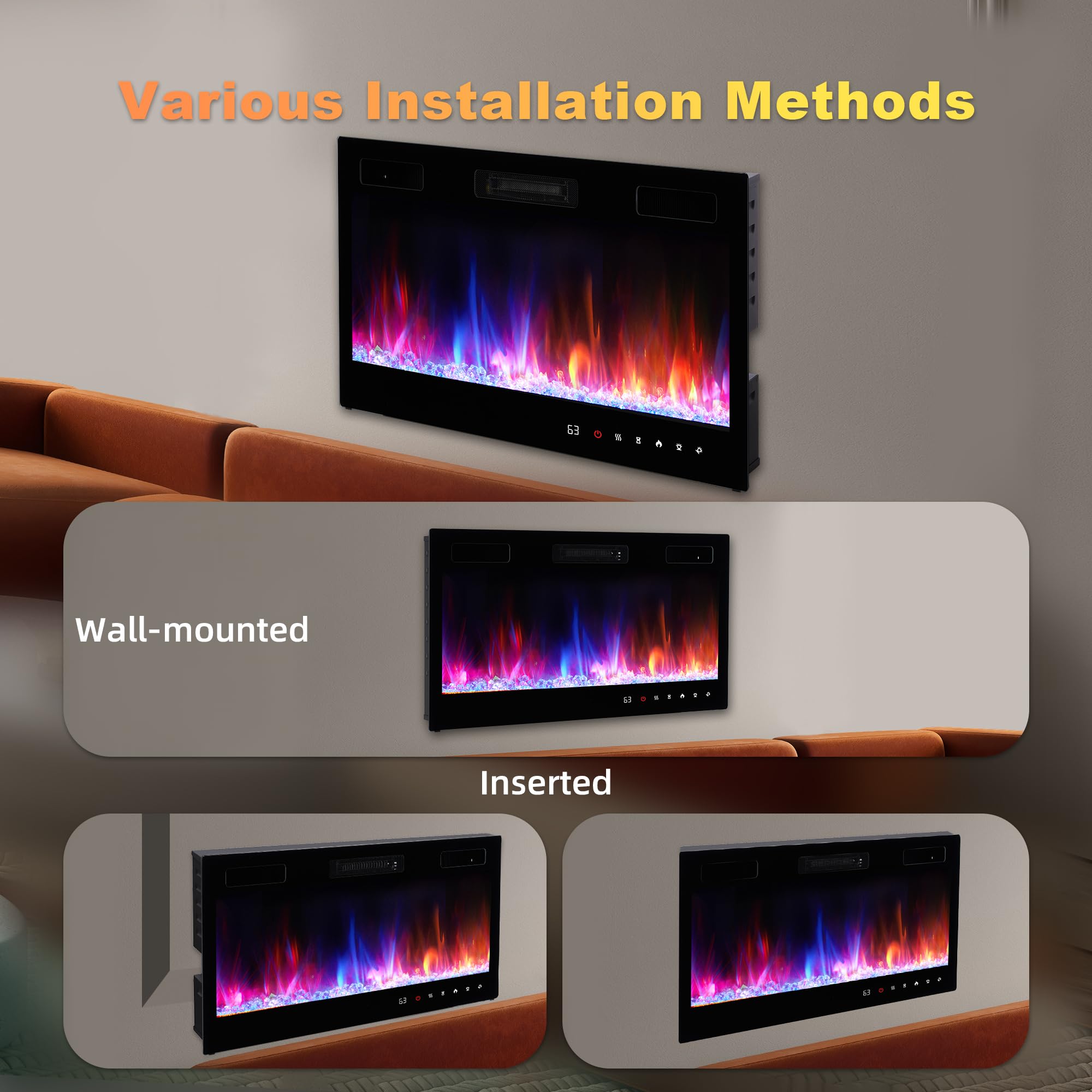 Electric Fireplace 36 Inch Insert Realsmart Recessed 750 1500 W High Screen Slim Wall Mountedle Fireplace Low Noise Overheat Protection Remote Control with Heater Timer Flame Color Sala Modernos (36“)