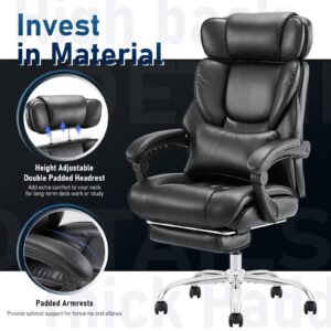 Executive Office Chair with Footrest, Ergonomic High Back Desk Chair, Computer Chair with Adjustable Headrest, Height, Tilt Lock, Extra Lumbar Support Pillow for Comfort, Large Home Office Chair-Black