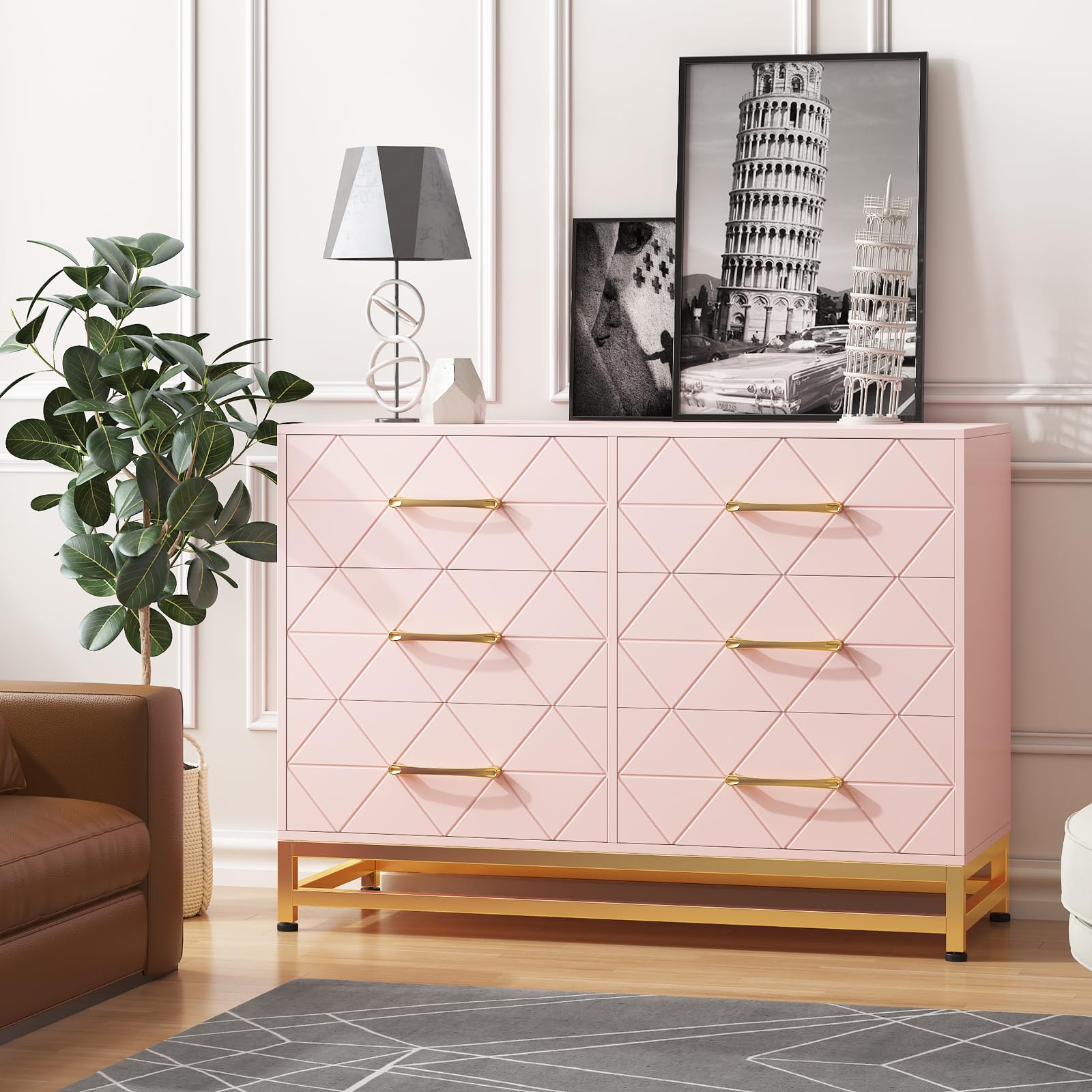 Dresser for Bedroom with 6 Drawers, Modern Wood Dresser for Closet, Chest of Drawers for Bedroom, Nursery, Living Room, Hallway, Pink