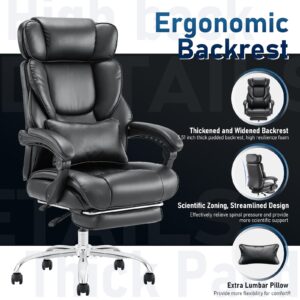 Executive Office Chair with Footrest, Ergonomic High Back Desk Chair, Computer Chair with Adjustable Headrest, Height, Tilt Lock, Extra Lumbar Support Pillow for Comfort, Large Home Office Chair-Black