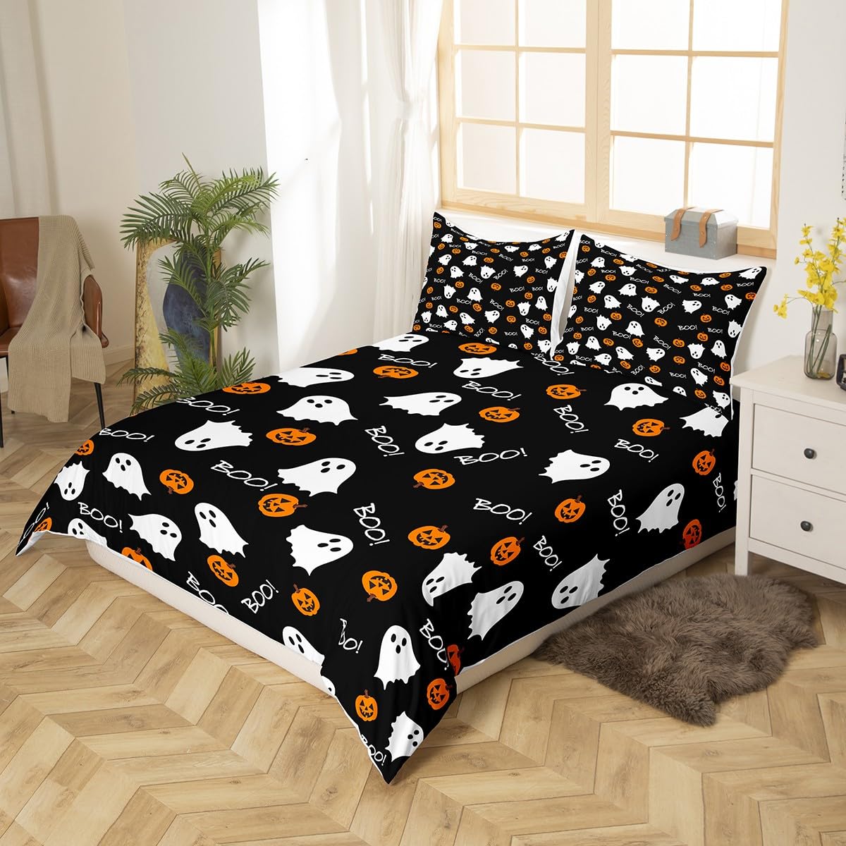 White Ghost Bedding Set,Pumpkin Lantern Comforter Cover Set for Teens Women Room Decor,Cartoon Halloween Duvet Cover Breathable Black White Orange Bedspread Cover Full Size