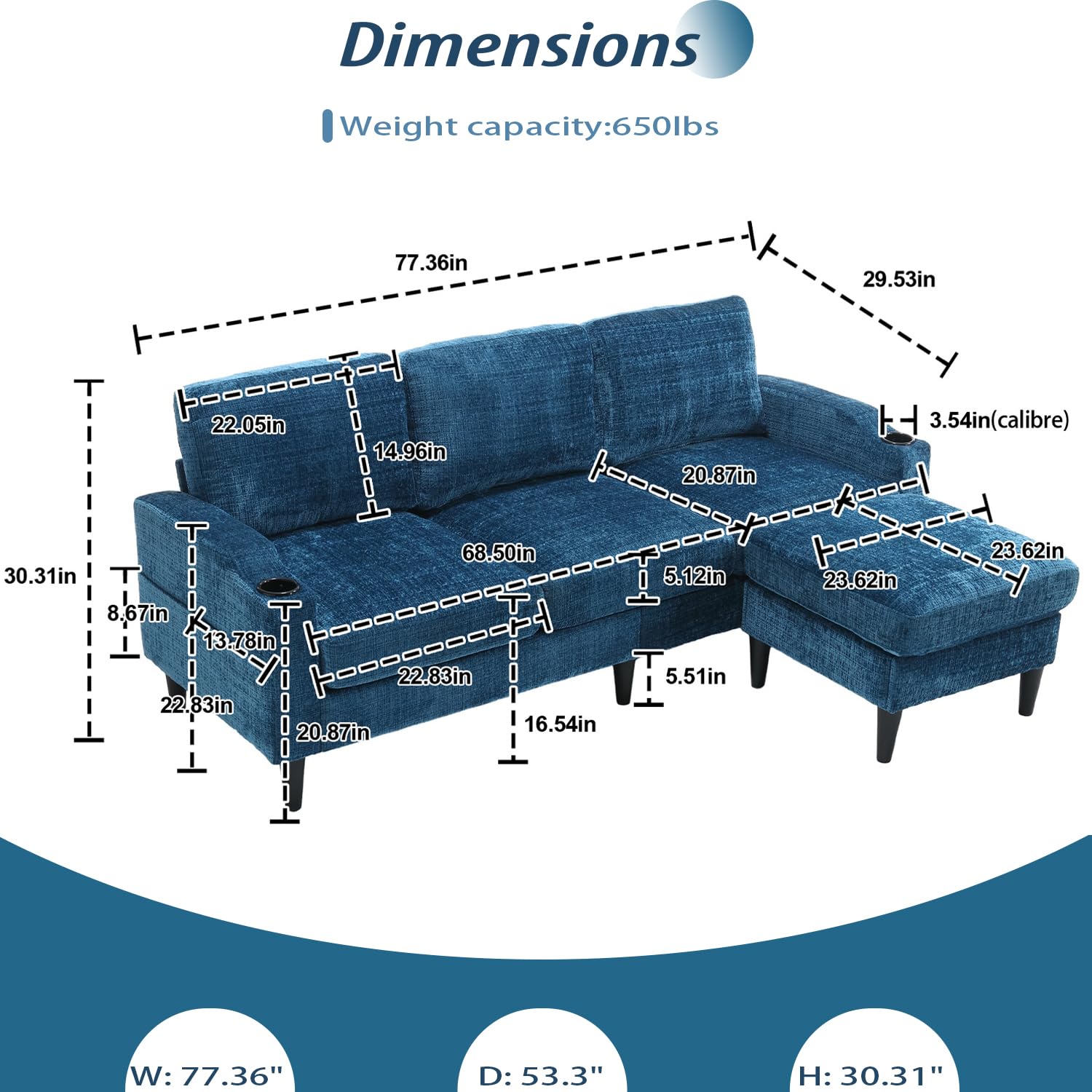 YiMiYom 77" Convertible Sectional Sofa, Small L Shaped Sofa Couch with Storage Ottoman, Cup Holder and Magazine Bags, Chenille Fabric 3 Seat Sofa for Living Room, Apartment, Bedroom, Small Space, Blue