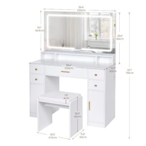 ANWBROAD Vanity Desk Set with Large LED Lighted Mirror Power Outlet Makeup Vanity Table 3 Color Lighting Modes Dressing Table with 5 Drawers and 2 Cabinets Cushioned Stool for Bedroom, White UBDT57W