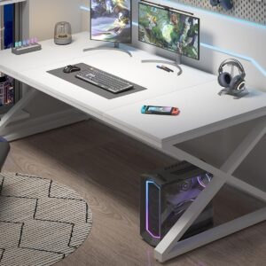 LVB 70.8" Long Desk, Modern Large White Computer Desk for Home Office Work, Wood Metal Computer Table for Writing Study in Bedroom, Simple Gaming Desk for 2 Monitor Workstation, White Oak, 70 in