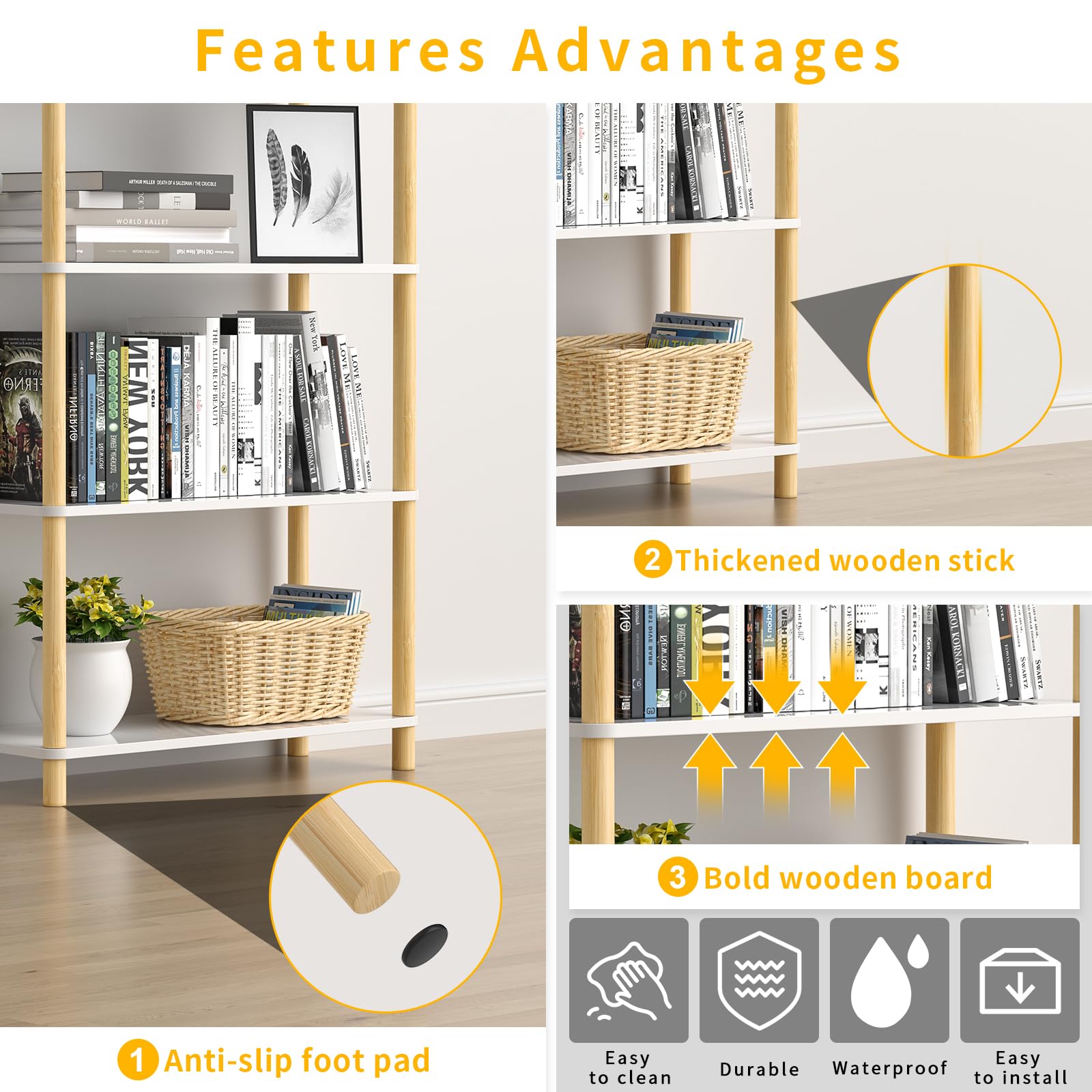 FASTSPOK 4-Tier Wooden Bookcase - Modern Freestanding Bookshelf, Multifunctional Display Shelf for Home and Office, White, Rectangular Design