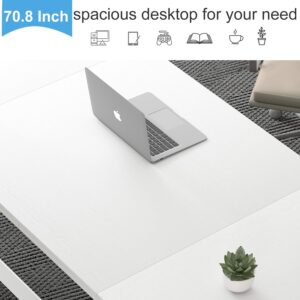 LVB 70.8" Long Desk, Modern Large White Computer Desk for Home Office Work, Wood Metal Computer Table for Writing Study in Bedroom, Simple Gaming Desk for 2 Monitor Workstation, White Oak, 70 in