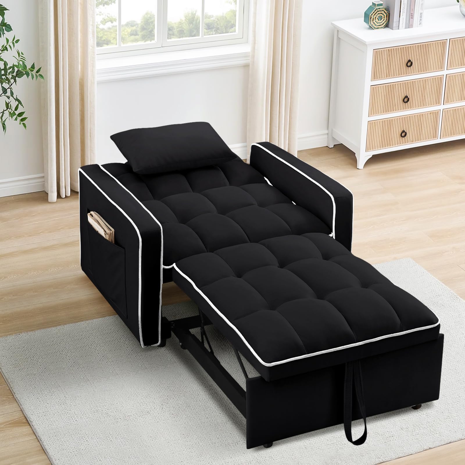 Sleeper Chair, 3 in 1 Convertible Chair Bed,Velvet Tufted Upholstered Single Pullout Sofa Chair Bed with Adjustable Backrest&Side Pockets,Recliner Lounger Bed for Living Room/Office/Small Space(Black)