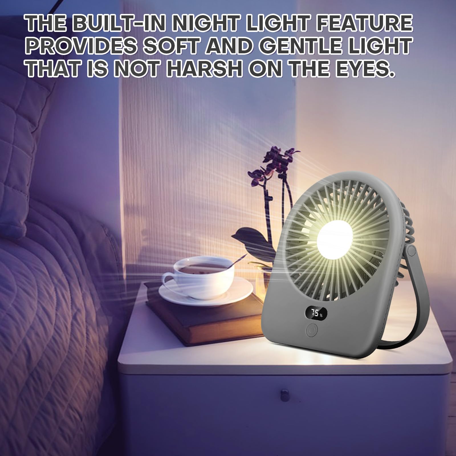 Nezylaf Portable Desk Fan with LED Light, Rechargeable 2000mAh Battery Operated Personal Fan, 180° Tilt Adjustable Small Silent Table Travel Fan, 5 Speeds Desktop Fan for Bedroom, Outdoor