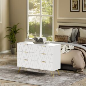 Anbuy 3 Pcs Bedroom Sets, 6 Drawer Dresser and Night Stand Sets for Bedroom, Two Drawers Nightstand Set of 2 & 6 Drawer Dresser Combo 3 Pieces (White)