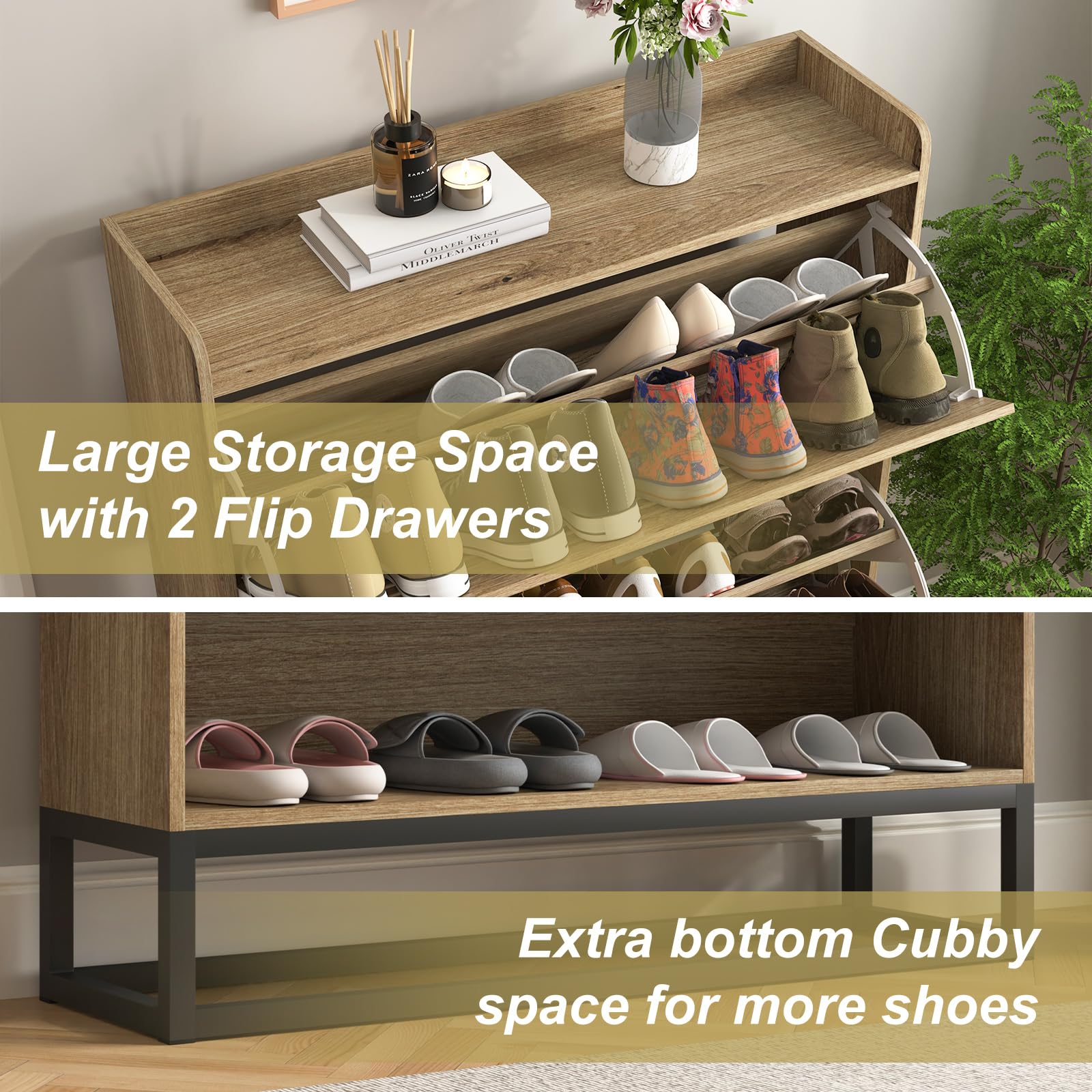 VERYKE Shoe Cabinet for Entryway,Slim Hidden Shoe Storage Cabinet with 2 Flip Hollowed Drawers, Wood Narrow Shoe Organizer Cabinet with Bottom Cubby and Metal Leg for Hallway,Closet