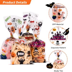 Larcenciel 100 Pcs Halloween Cellophane Treat Bags, Pumpkin Bat Halloween Candy Bags with Twist Ties for Snack Chocolate Popcorn, Bat Pumpkin Spooky Witch Clear Plastic Goodie Bag Party Favor Bags Halloween Decor