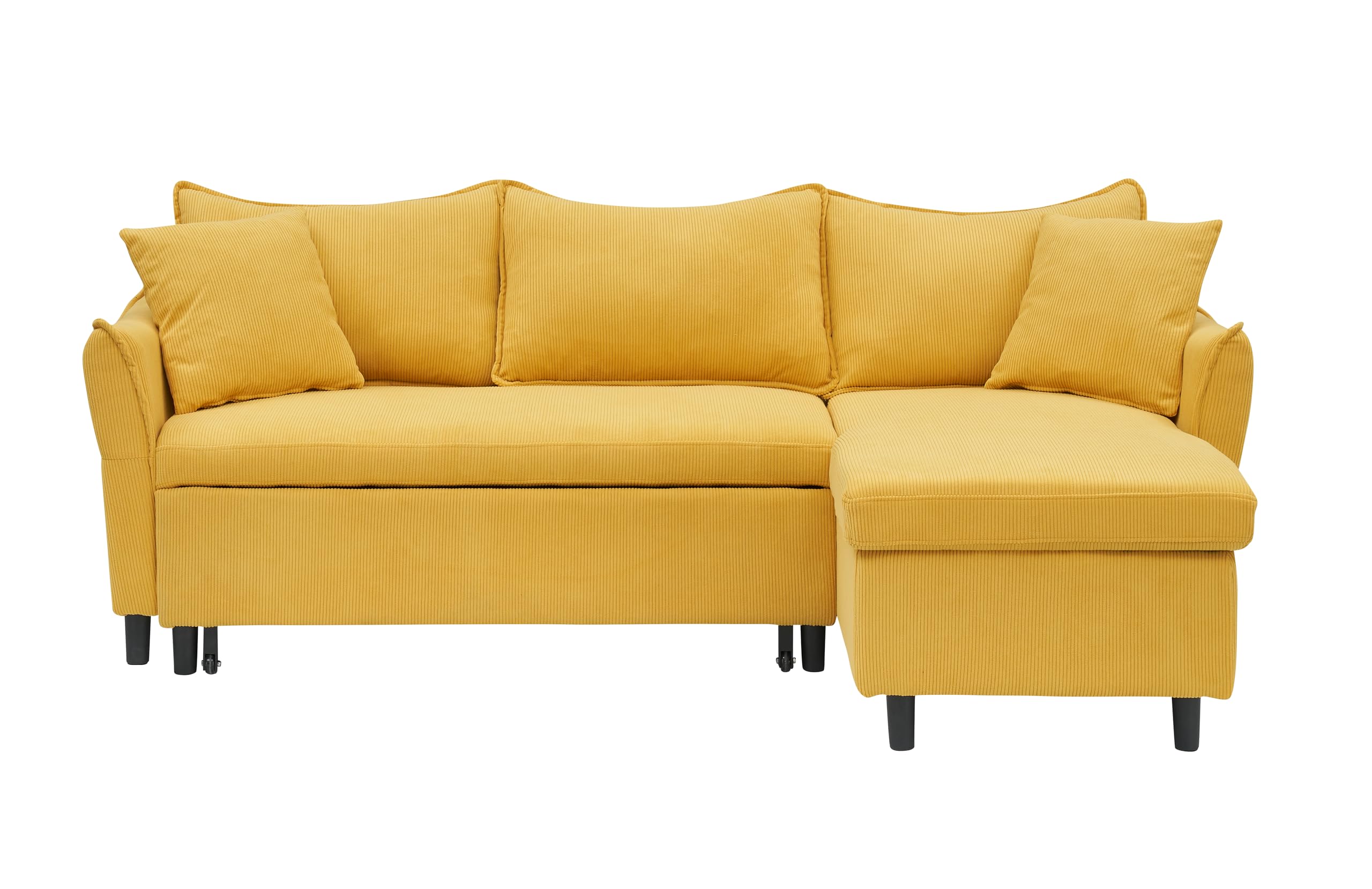 SmartEdge 80'' Convertible Sleeper Sectional Couch 3 Seater Reversible L Shaped Sleeper Sofa with Storage Chaise, Comfy Corduroy Upholstered Corner Sofa Couches for Living Room, Yellow