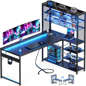 motpk l shaped gaming desk, reversible computer desk with power outlet, gaming table with led lights, l shaped desk with glass display storage shelves, glass desk office desk