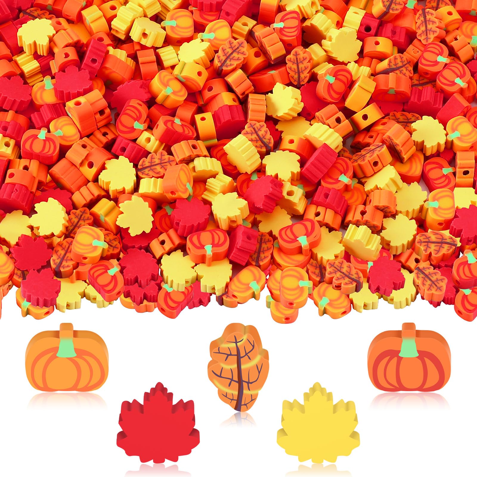 SEPGLITTER Fall Polymer Clay Beads, 300pcs Thanksgiving Fall Leaf Pumpkin Clay Beads for Jewelry Making Autumn DIY Bracelet Necklace Accessories Craft Party Supplies