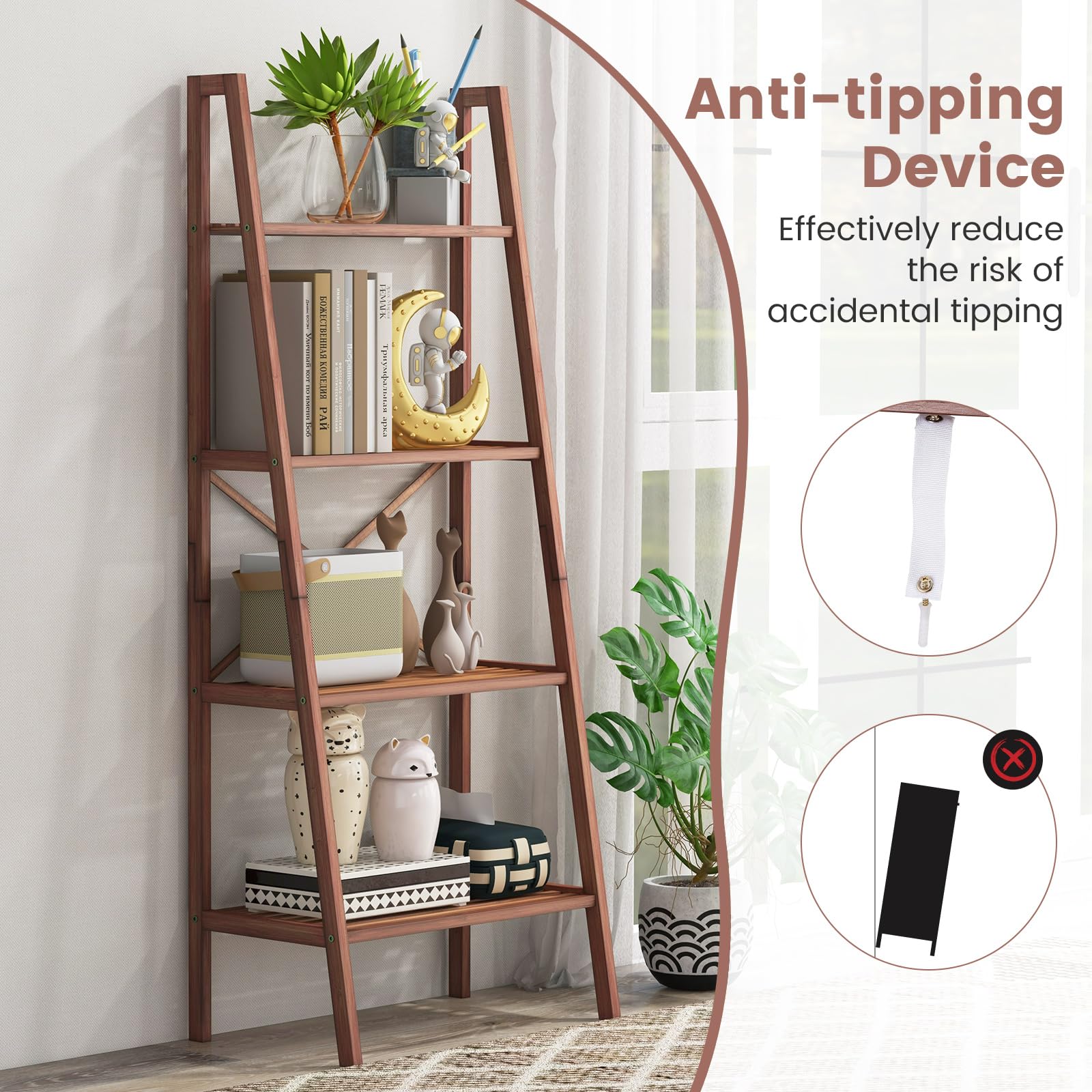 Giantex 4-Tier Bamboo Bookshelf, Indoor Free Standing Plant Stand Display Rack w/Anti-Tipping Device, Corner Bamboo Ladder Shelf for Small Space, Living Room, Kitchen, Bedroom, Office, Walnut