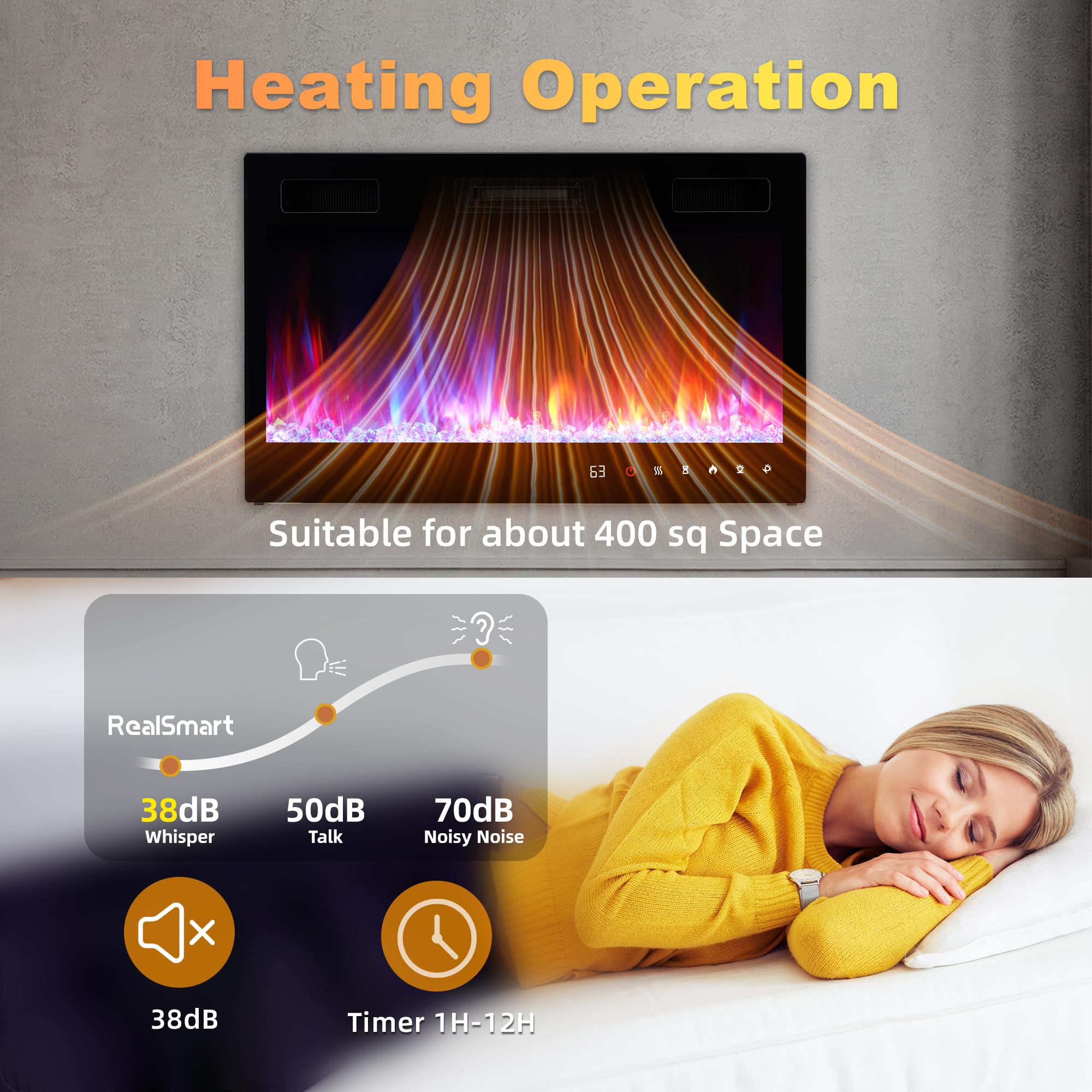 Electric Fireplace Insert 30" Realsmart 1500W Wall Mounted Electric Fireplaces with Recessed Heaters, Remote Control, Slim Black Fireplace Screen, Timer, 12 Flame Colors LED Decor, Low Noise