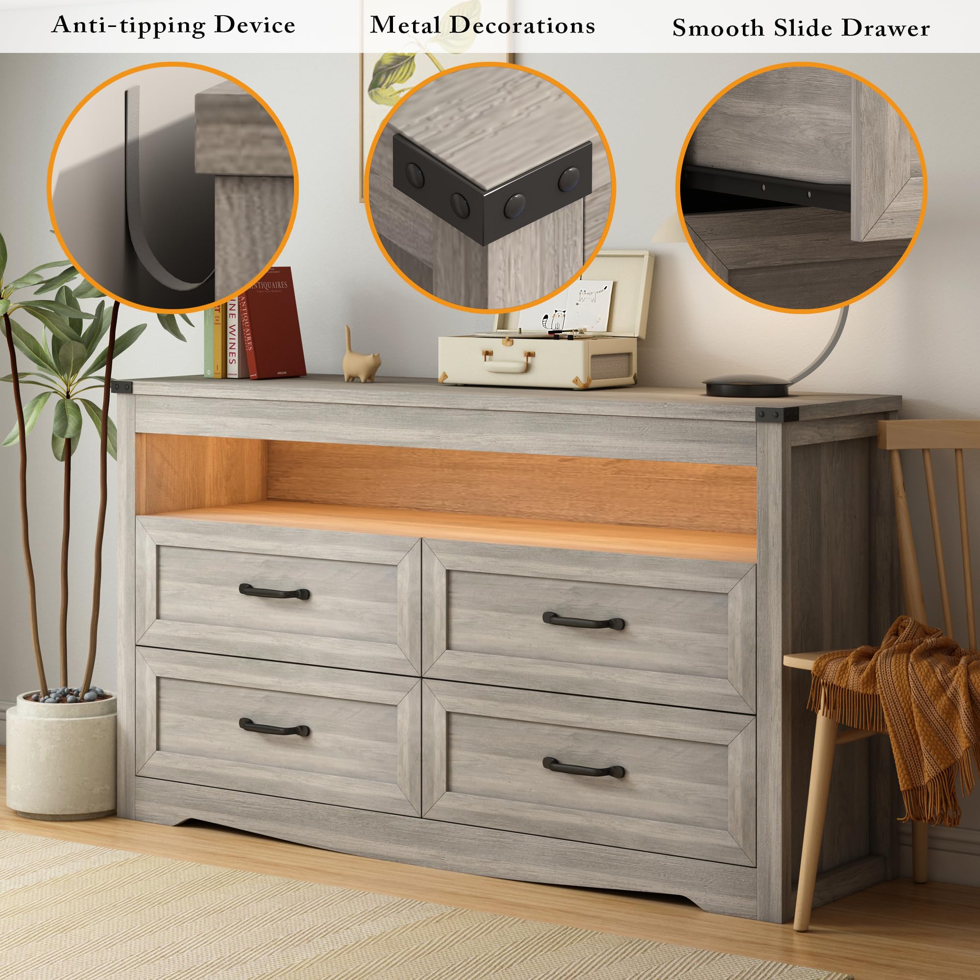 Wodeer 4 Drawer Dresser Chests with LED Light,Wide Chest of Drawers with Metal Handles,Wood Dresser for Storage and Organization for Bedroom,Living Room, Nursery,Hallway,Gray