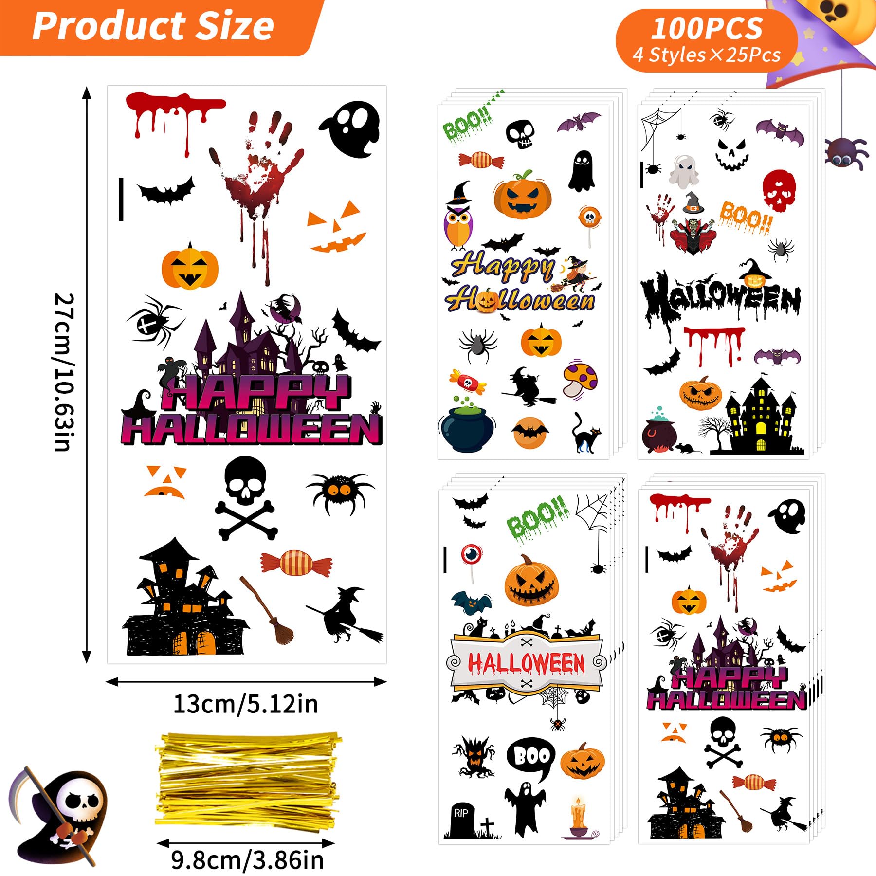 Larcenciel 100 Pcs Halloween Cellophane Treat Bags, Pumpkin Bat Halloween Candy Bags with Twist Ties for Snack Chocolate Popcorn, Bat Pumpkin Spooky Witch Clear Plastic Goodie Bag Party Favor Bags Halloween Decor