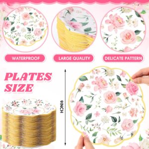 48 Pcs Floral Paper Plates 9 Inch Flower Disposable Party Plates Pink Floral Dinner Plates Wedding Gold Foil Edge Plate Tea Party Decoration for Bridal Shower Baby Shower Birthday