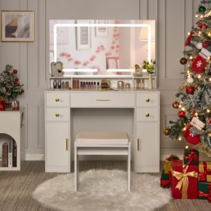 ANWBROAD Vanity Desk Set with Large LED Lighted Mirror Power Outlet Makeup Vanity Table 3 Color Lighting Modes Dressing Table with 5 Drawers and 2 Cabinets Cushioned Stool for Bedroom, White UBDT57W