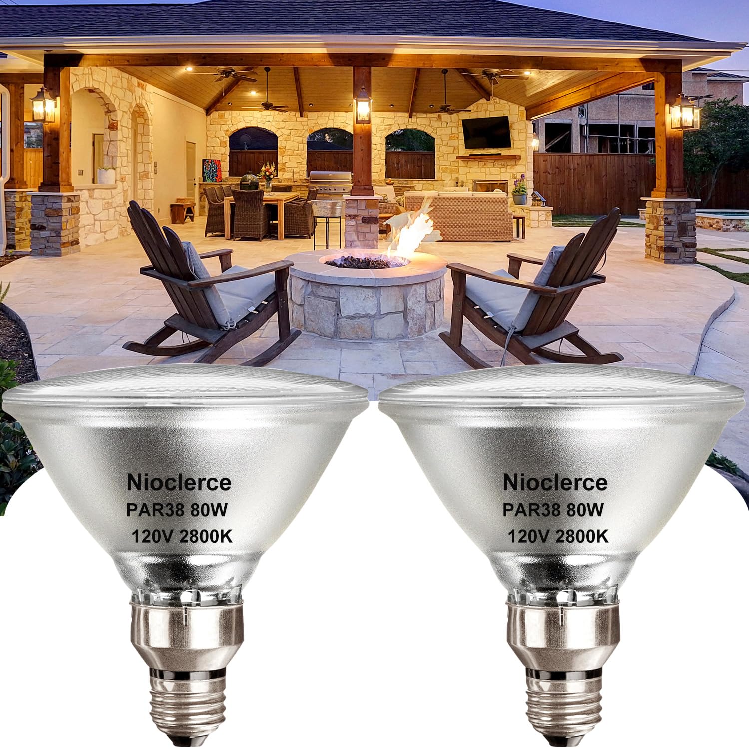 Nioclerce PAR38 Flood Light Bulbs - 2 Pack 80W PAR38 Halogen Bulb 120V Warm White 2800K, PAR38 Bulb Dimmable E26 Base for Indoor and Outdoor, Long Lasting 950LM PAR38 Halogen Flood Light