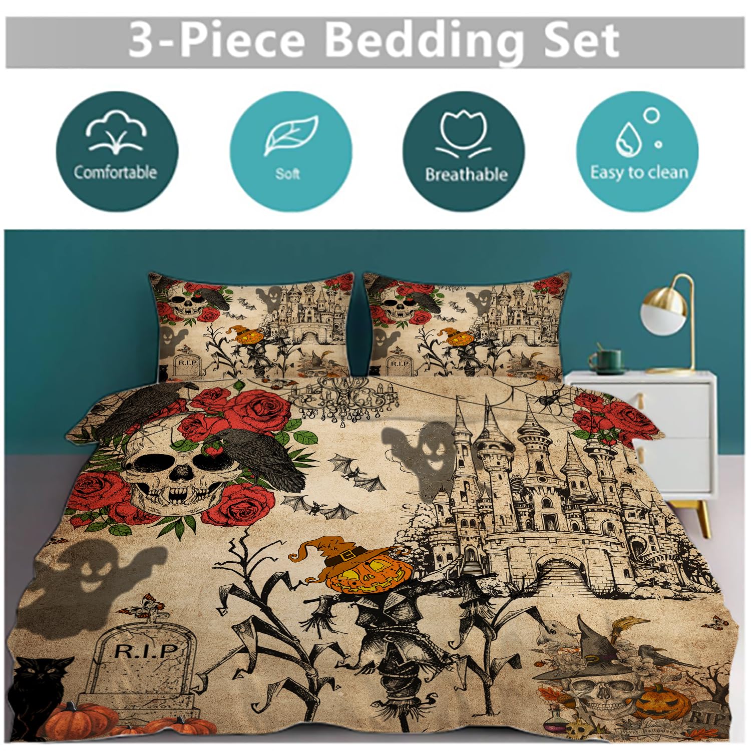 MSSHUKYTT Vintage Halloween Skull Duvet Cover Set 3 Piece Queen Size,Mid Century Castle Pumpkin Scarecrow Raven Bat Ghost Spider Web Bedding Set 2 Pillow Sham(No Insert)