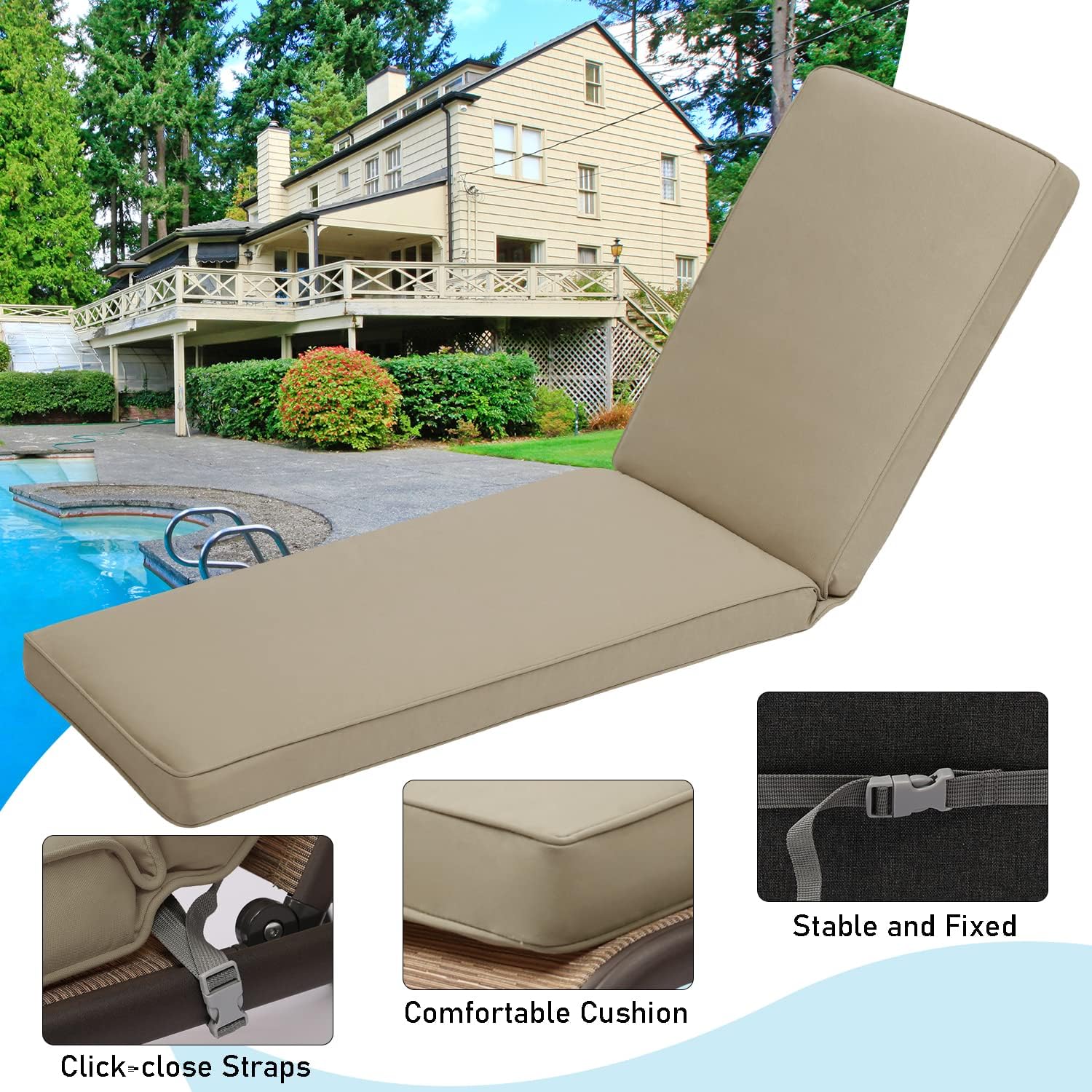 BPS Outdoor Lounger Cushion 72''L x 22''W x 3.5”H Patio Furniture Chair Seat Cushion Olifen Fabric Slipcover Sponge Foam - Set of 2