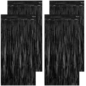 4 pack black foil fringe curtain, black tinsel backdrop, 3.3×6.6 ft black fringe backdrop, black streamers party backdrop decorations for halloween birthday graduation weedding party decoratios