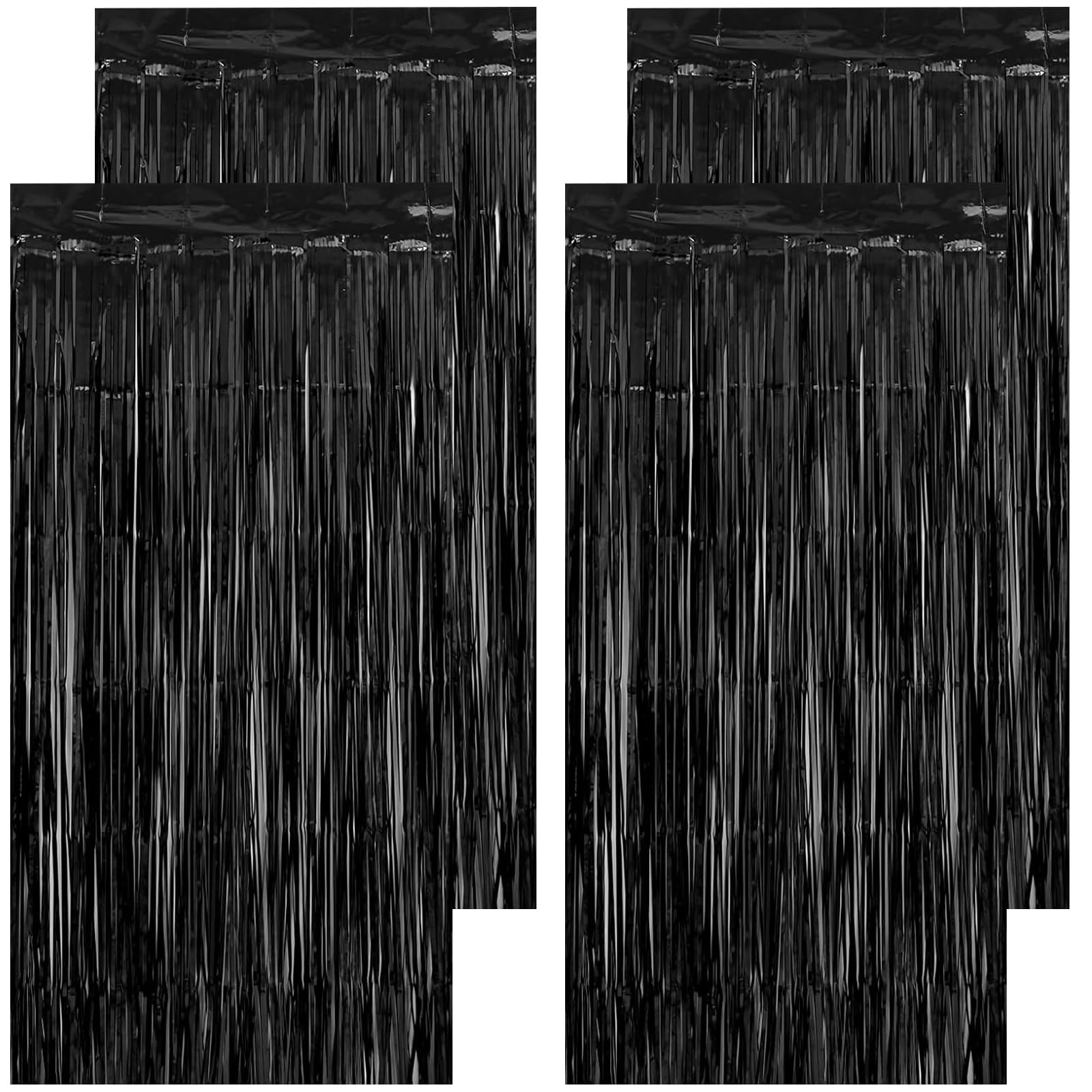 4 Pack Black Foil Fringe Curtain, Black Tinsel Backdrop, 3.3×6.6 FT Black Fringe Backdrop, Black Streamers Party Backdrop Decorations for Halloween Birthday Graduation Weedding Party Decoratios