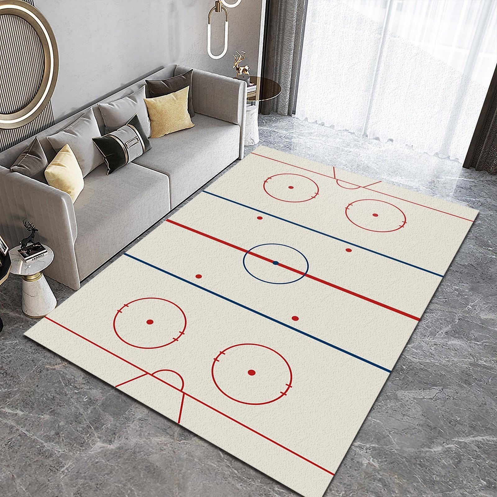 GIRTFU Fashion Ice Hockey Stadium Large Area Rugs 8x10 Simple Ice Hockey Rink Rugs for Living Room, Nursery Rug with Under Rug Non Slip Tape for Bedroom Kids Room