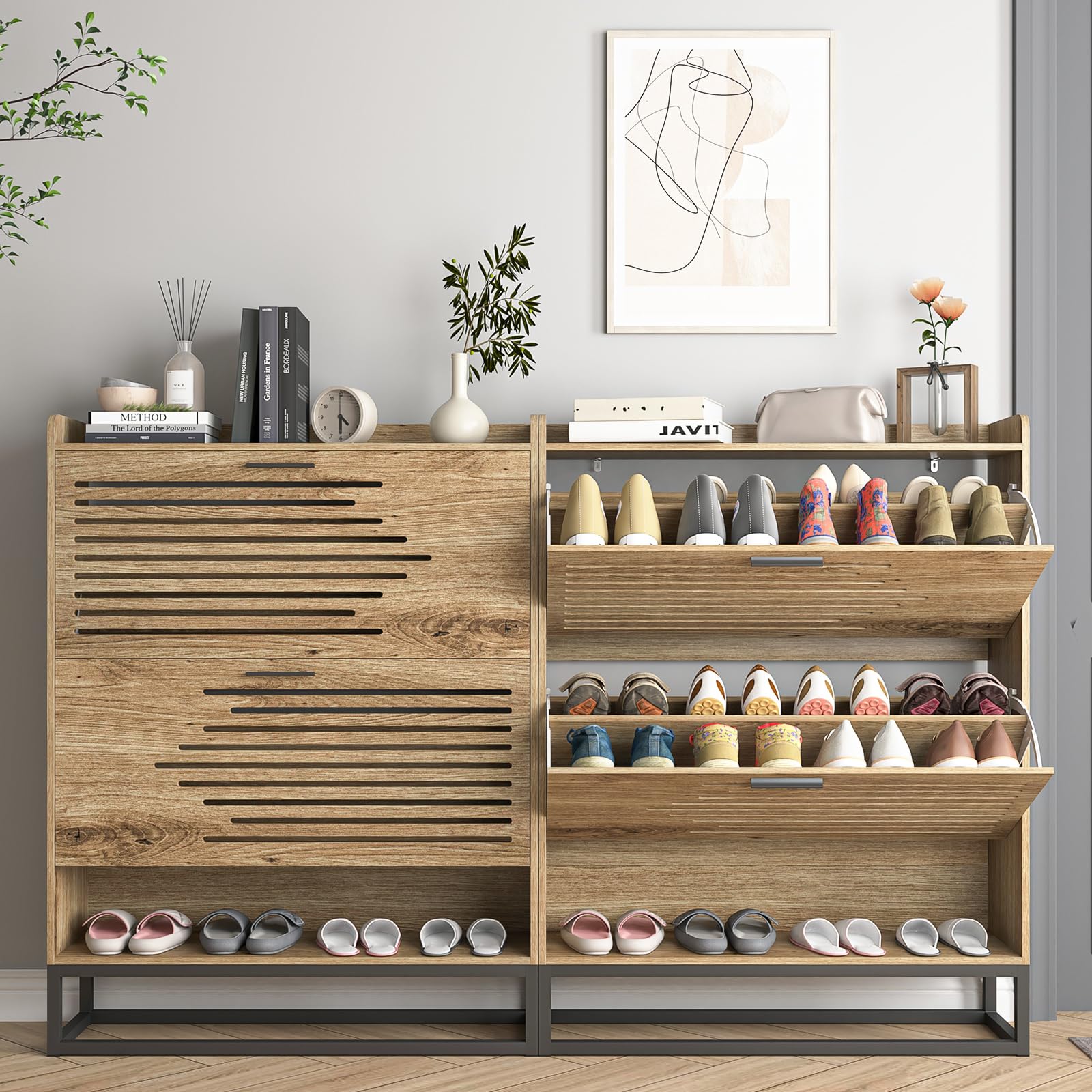 VERYKE Shoe Cabinet for Entryway,Slim Hidden Shoe Storage Cabinet with 2 Flip Hollowed Drawers, Wood Narrow Shoe Organizer Cabinet with Bottom Cubby and Metal Leg for Hallway,Closet