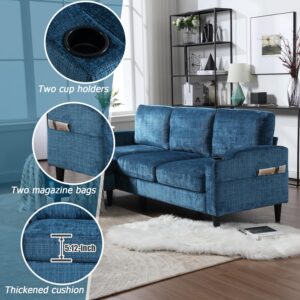 YiMiYom 77" Convertible Sectional Sofa, Small L Shaped Sofa Couch with Storage Ottoman, Cup Holder and Magazine Bags, Chenille Fabric 3 Seat Sofa for Living Room, Apartment, Bedroom, Small Space, Blue