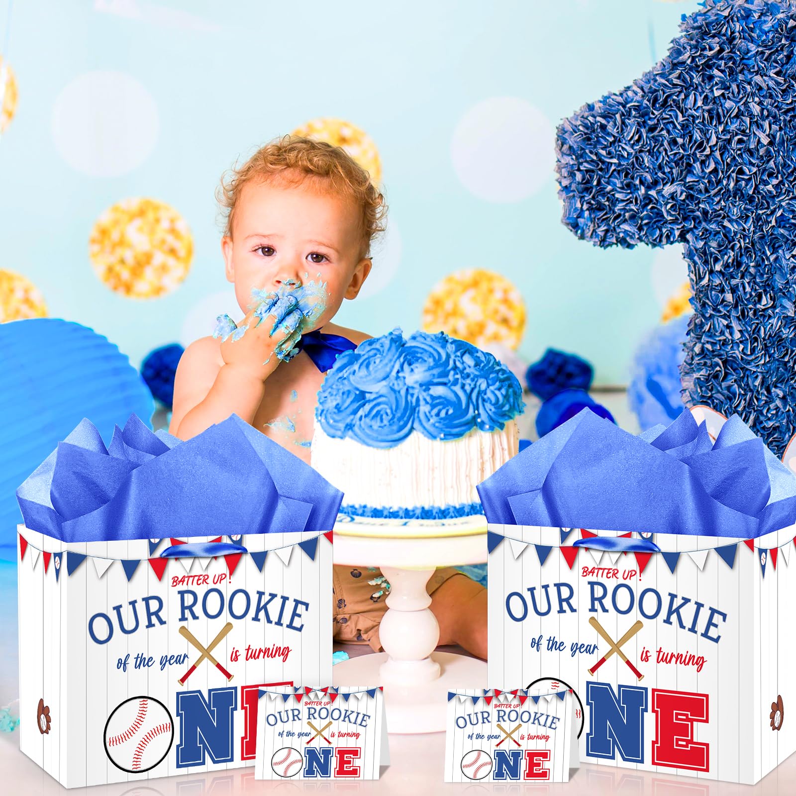 Large Baseball 1st Birthday Gift Bags with Card Tissue Paper 1st Birthday Gift Wrapping Bags Rookie of The Year Baseball First One Year Old Birthday Decorations Boys Girls Christmas Baby Shower Sport Party Supplies