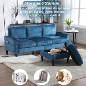 YiMiYom 77" Convertible Sectional Sofa, Small L Shaped Sofa Couch with Storage Ottoman, Cup Holder and Magazine Bags, Chenille Fabric 3 Seat Sofa for Living Room, Apartment, Bedroom, Small Space, Blue