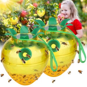 wasp traps outdoor hanging, yellow jacket wasp catcher for trapping hornet, non-toxic reusable wasp catcher for outdoors trapping wasp, wasp trap solar power outdoor with led light, 2pc-yellow