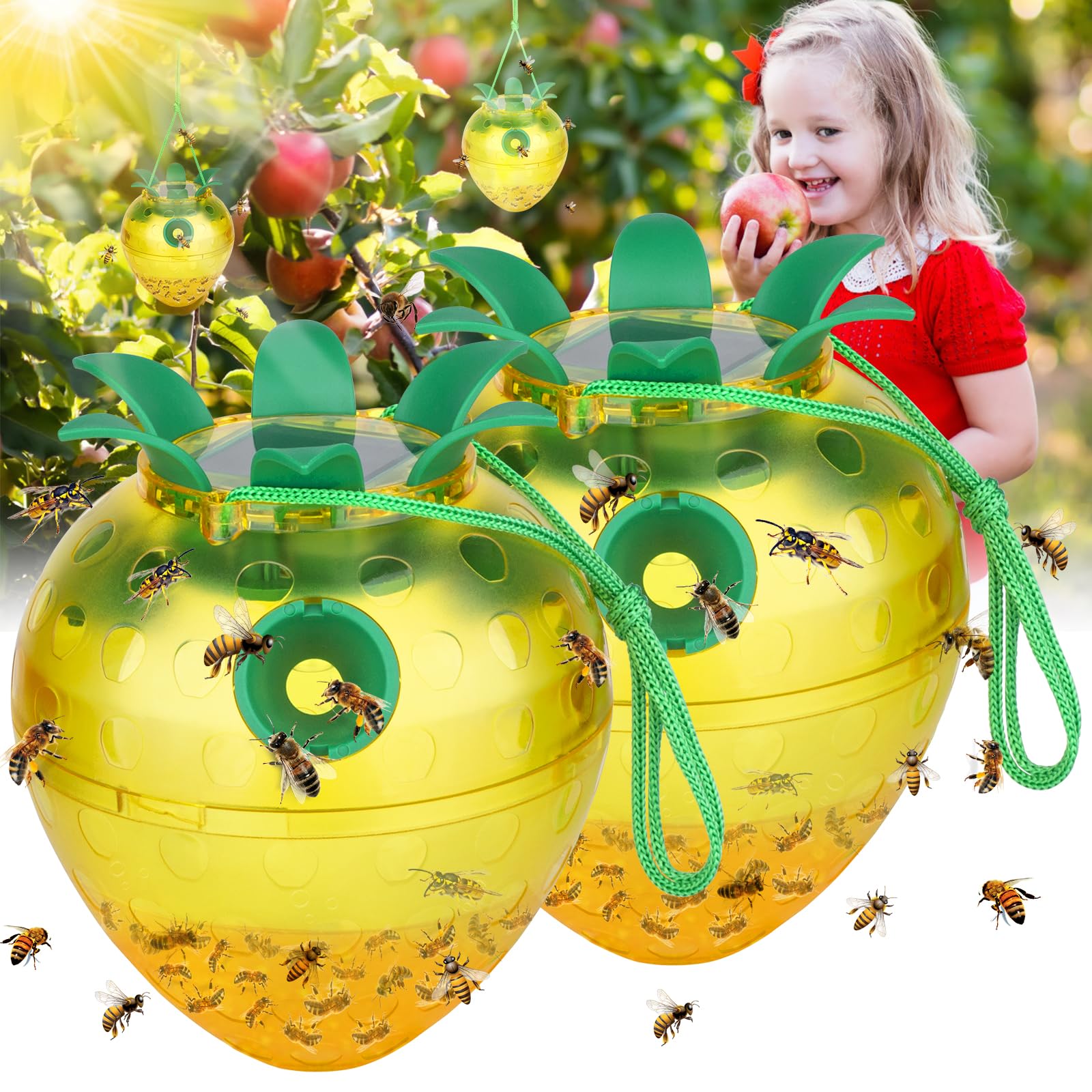 Wasp Traps Outdoor Hanging, Yellow Jacket Wasp Catcher for Trapping Hornet, Non-Toxic Reusable Wasp Catcher for Outdoors Trapping Wasp, Wasp Trap Solar Power Outdoor with LED Light, 2PC-Yellow