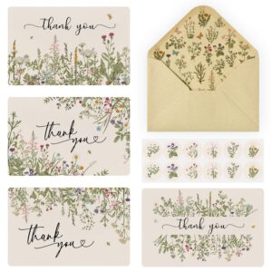 artoid mode 36 pack leaves wildflower thank you cards floral greeting cards gift with envelope sticker blank note cards for birthday wedding baby shower bridal shower, 4 x 6 inch