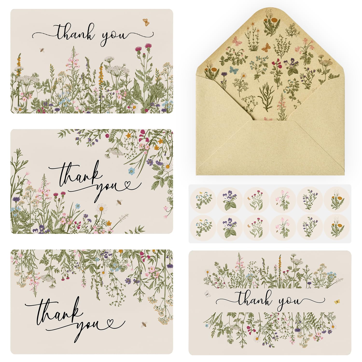 Artoid Mode 36 Pack Leaves Wildflower Thank You Cards Floral Greeting Cards Gift With Envelope Sticker Blank Note Cards for Birthday Wedding Baby Shower Bridal Shower, 4 x 6 Inch