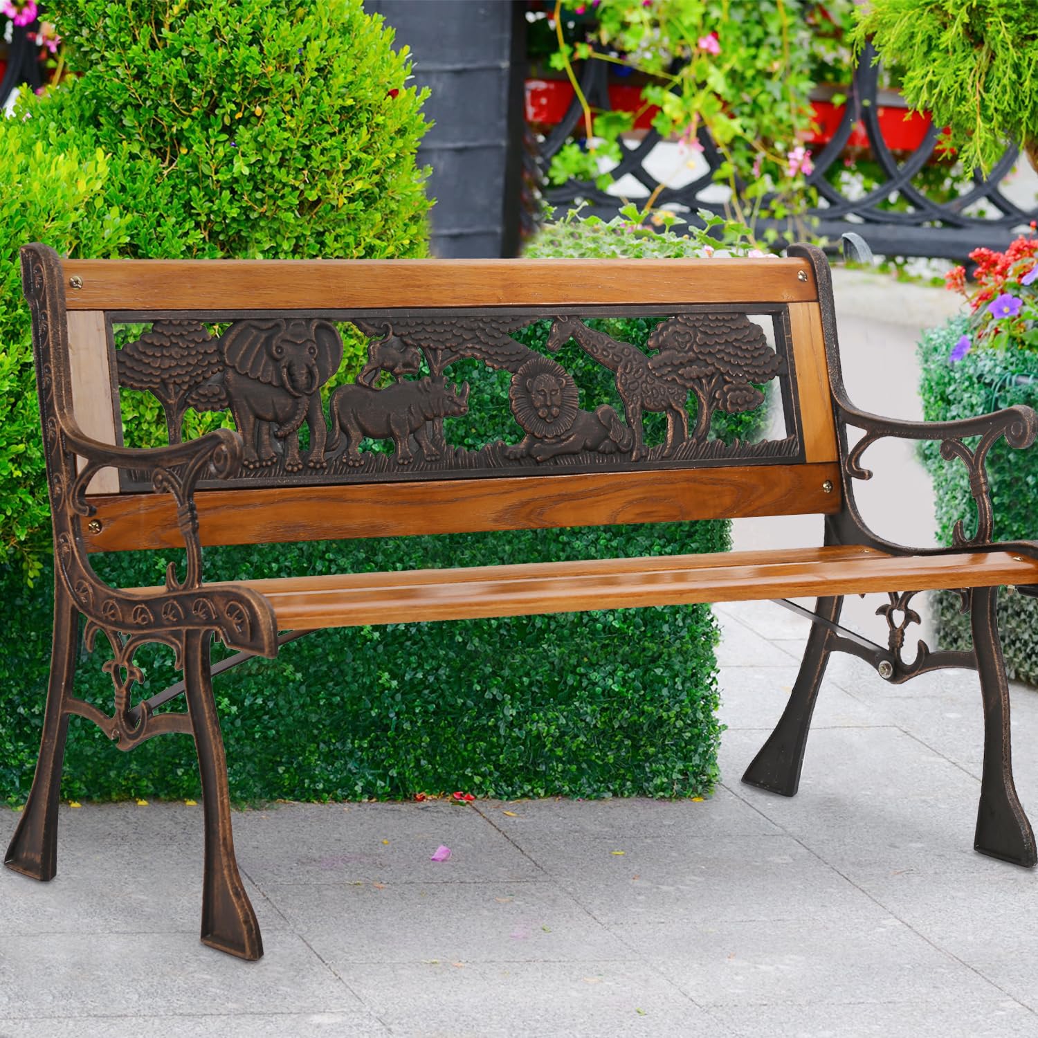 Dopinmin Outdoor Patio Benches Garden Bench Patio Bench Deck Hardwood Cast Iron Love 2-Seat Porch Bnech Chair