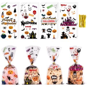 larcenciel 100 pcs halloween cellophane treat bags, pumpkin bat halloween candy bags with twist ties for snack chocolate popcorn, bat pumpkin spooky witch clear plastic goodie bag party favor bags halloween decor