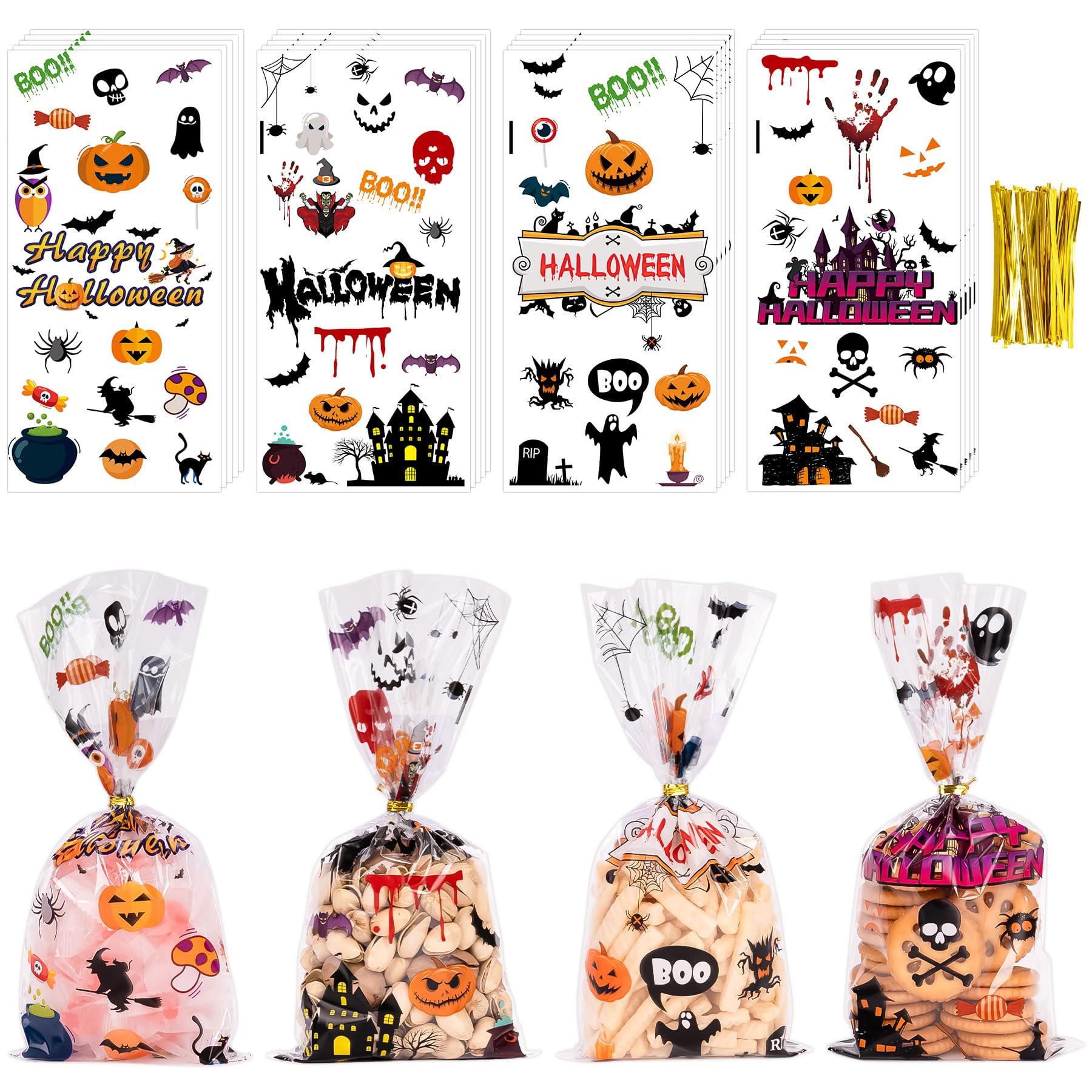 Larcenciel 100 Pcs Halloween Cellophane Treat Bags, Pumpkin Bat Halloween Candy Bags with Twist Ties for Snack Chocolate Popcorn, Bat Pumpkin Spooky Witch Clear Plastic Goodie Bag Party Favor Bags Halloween Decor