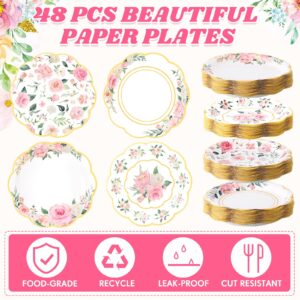 48 Pcs Floral Paper Plates 9 Inch Flower Disposable Party Plates Pink Floral Dinner Plates Wedding Gold Foil Edge Plate Tea Party Decoration for Bridal Shower Baby Shower Birthday