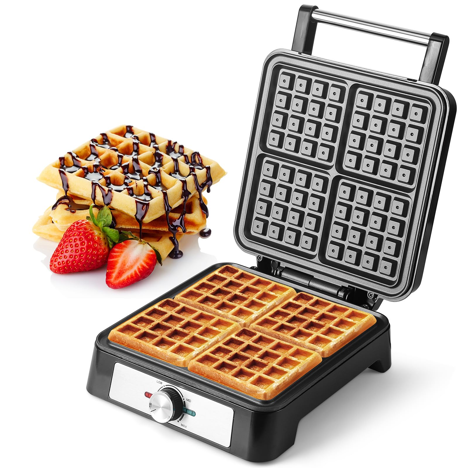 UVFAST Waffles Maker Waffle Iron, 4 Belgian Square Waffle Maker, Belgian Waffle Maker Thick Pancake Maker with Non-stick Plate, Breakfast Waffle Machine Make Waffle in Minutes, 3 Browning Level, 1600W