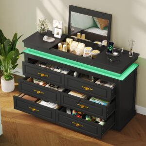 hauoms dresser with led lights,led chest of drawers with flip-top and charging station,6 drawers dresser with mirror,black dresser for bedroom,living room,cloest