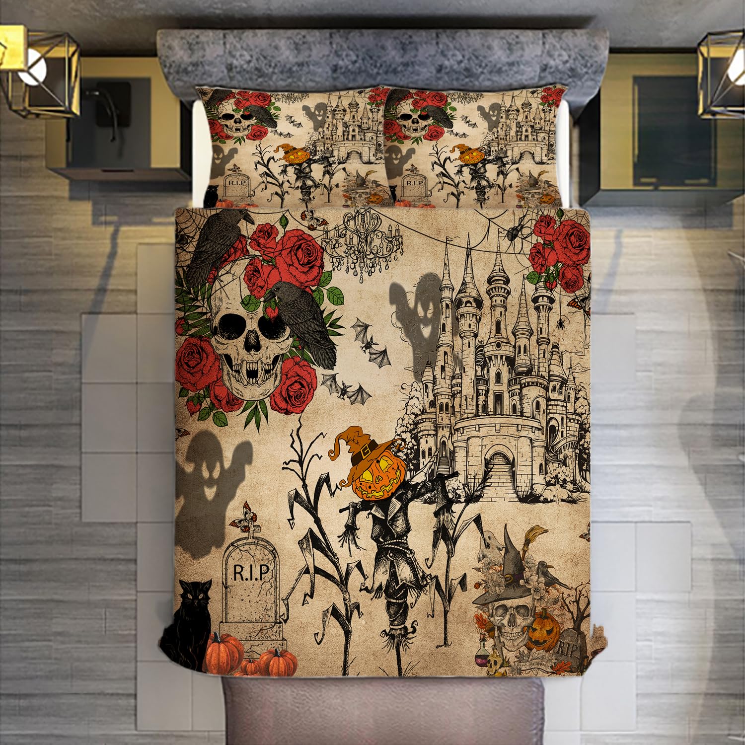 MSSHUKYTT Vintage Halloween Skull Duvet Cover Set 3 Piece Queen Size,Mid Century Castle Pumpkin Scarecrow Raven Bat Ghost Spider Web Bedding Set 2 Pillow Sham(No Insert)